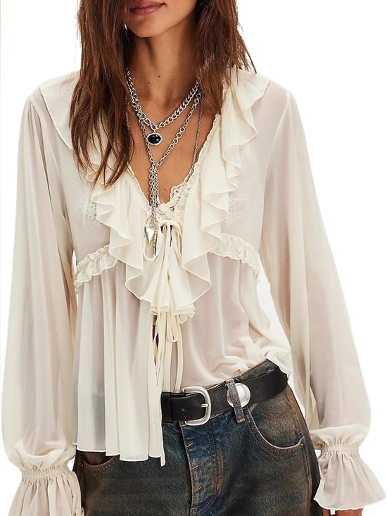 Miqil Tops - Miqil cream boho long sleeve sheer blouse medium